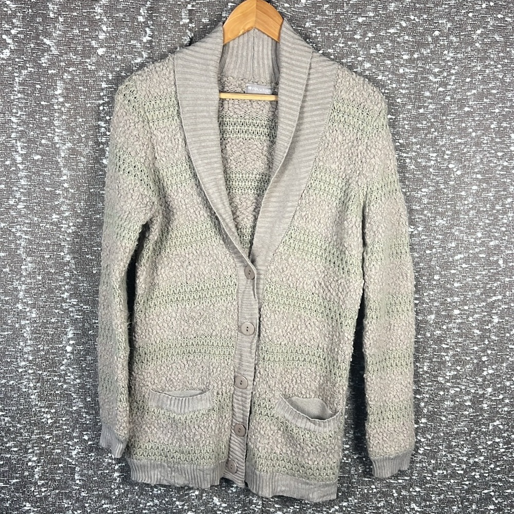 Evolution by Cyrus Button Up Front Pockets Cardigan Sweater Tan and Cream Medium